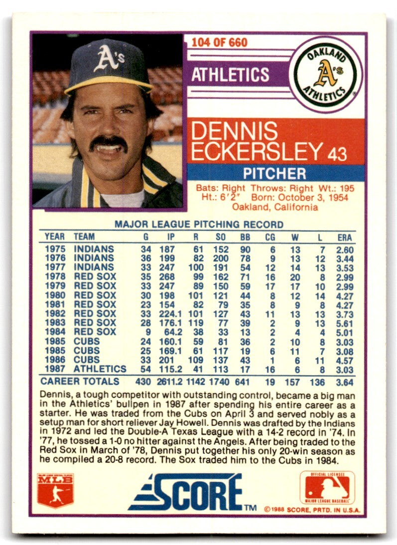 1988 Score Dennis Eckersley Oakland Athletics #104