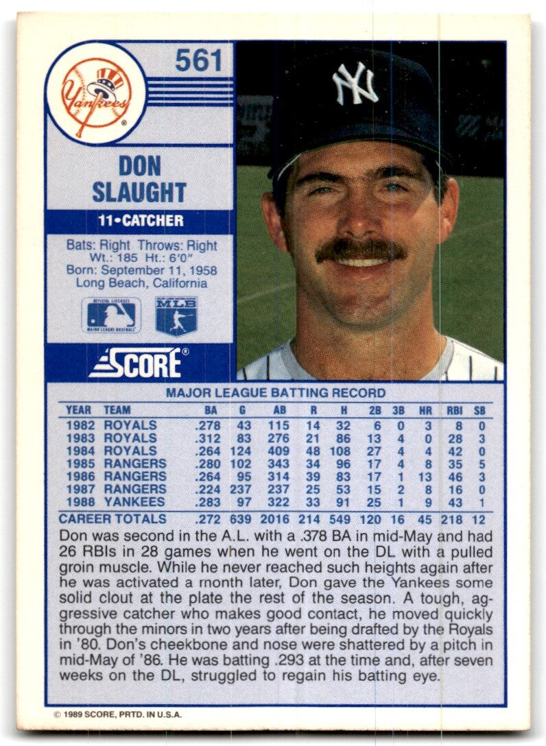 1989 Score Don Slaught New York Yankees #561