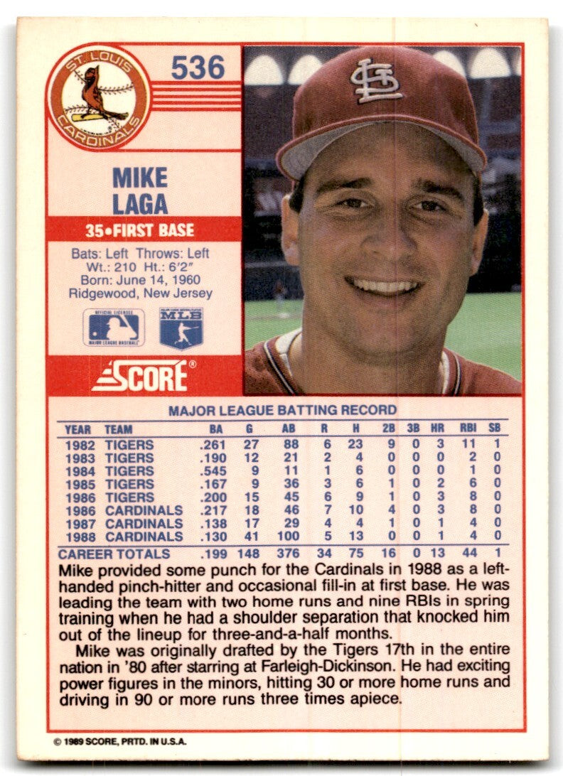 1989 Score Mike Laga St. Louis Cardinals #536
