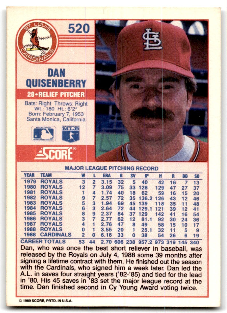 1989 Score Dan Quisenberry St. Louis Cardinals #520