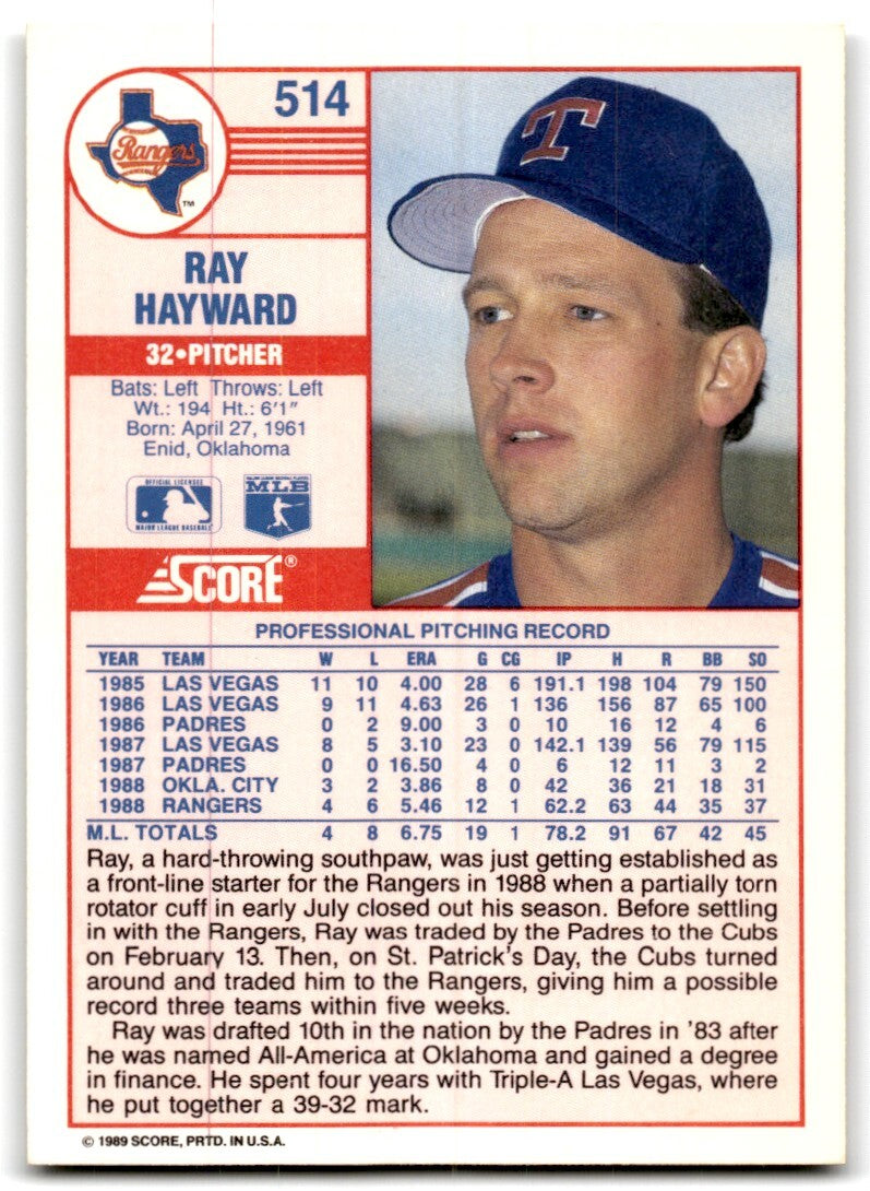 1989 Score Ray Hayward p Texas Rangers #514