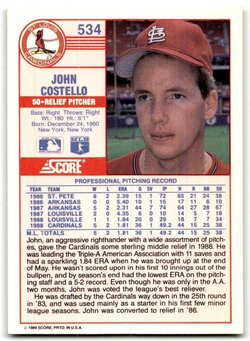 1989 Score John Costello Rookie p St. Louis Cardinals #534