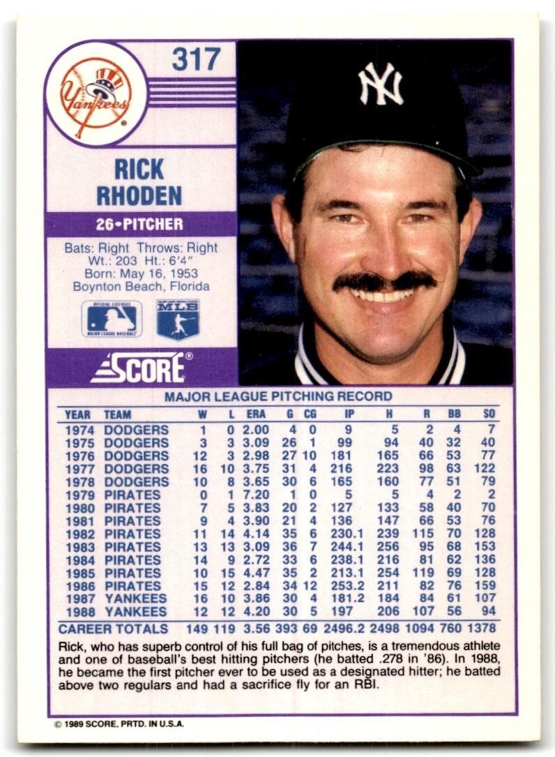 1989 Score Rick Rhoden New York Yankees #317