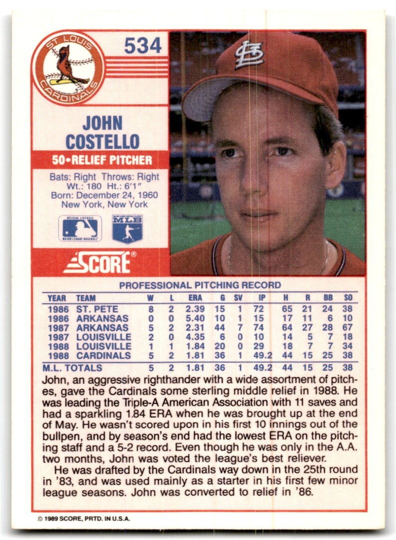 1989 Score John Costello Rookie St. Louis Cardinals #534