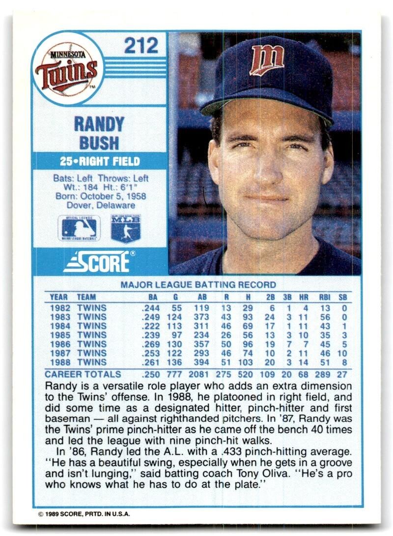 1989 Score Randy Bush , Minnesota Twins #212