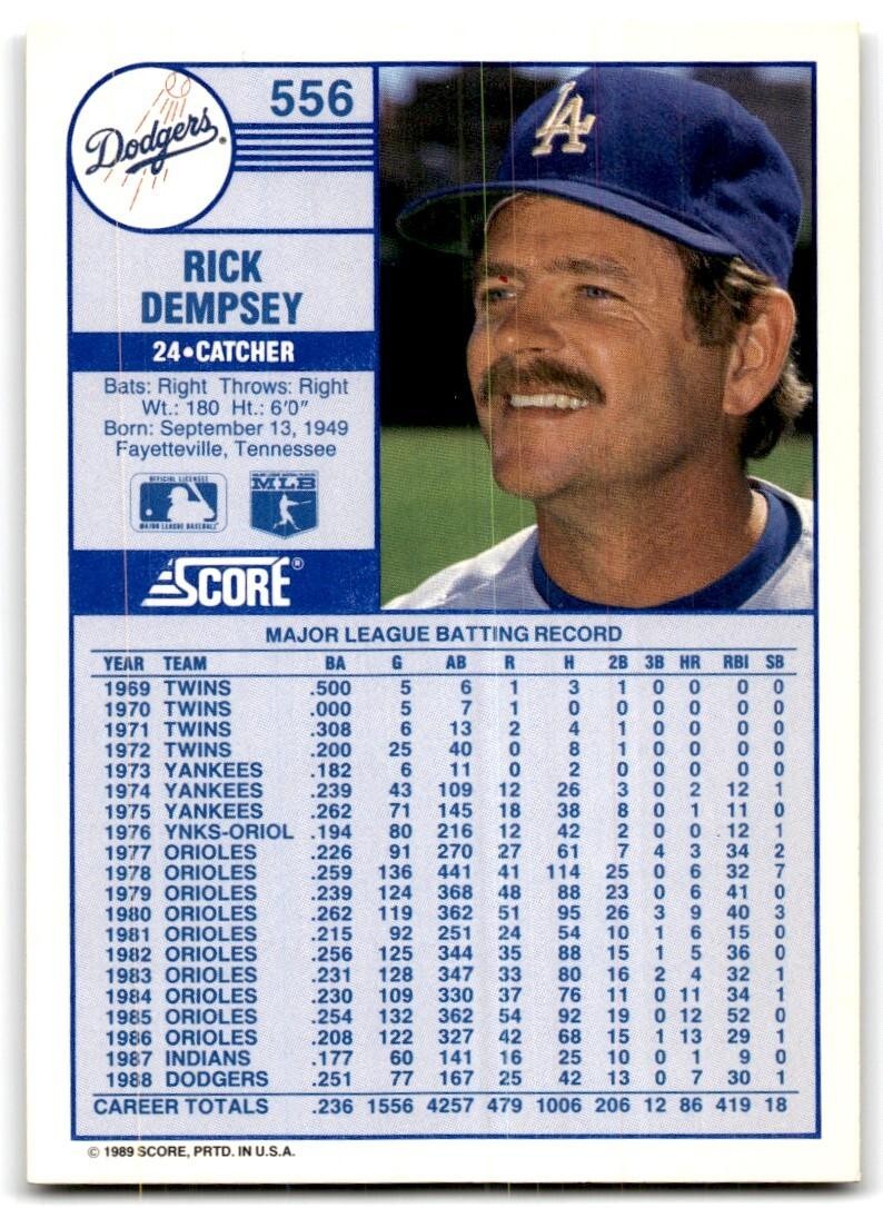 1989 Score Rick Dempsey c Los Angeles Dodgers #556
