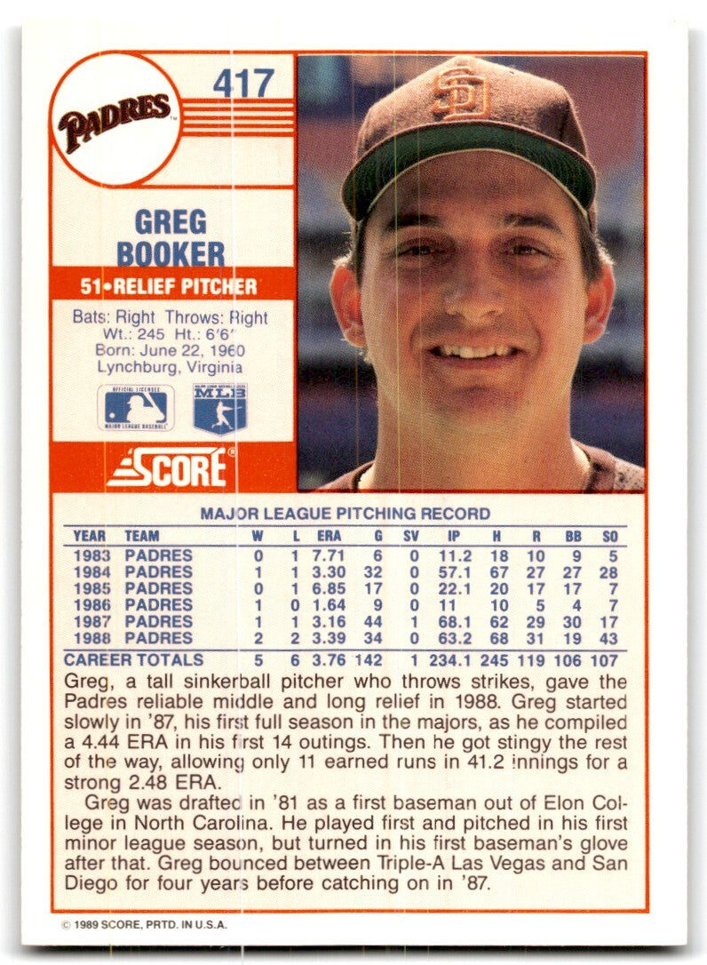 1989 Score Greg Booker , San Diego Padres #417