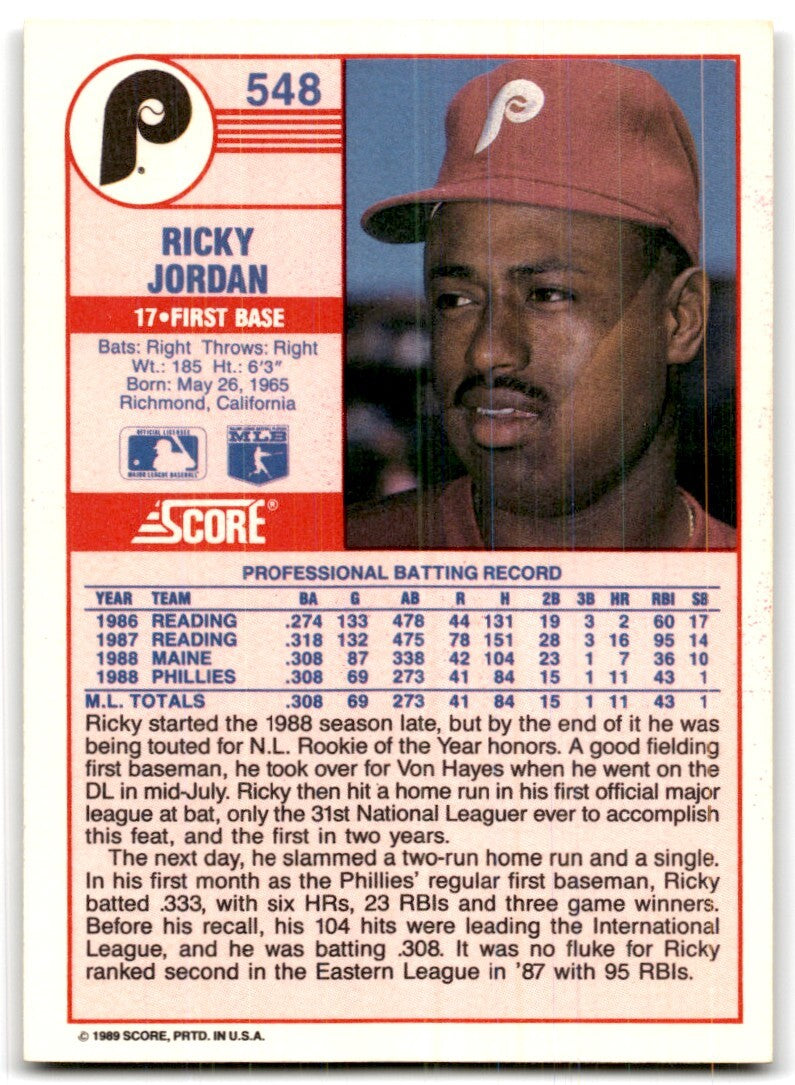1989 Score Ricky Jordan Rookie Philadelphia Phillies #548