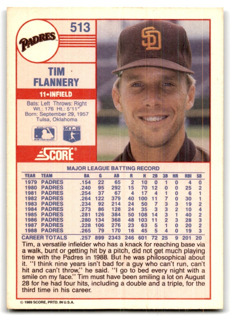 1989 Score Tim Flannery San Diego Padres #513
