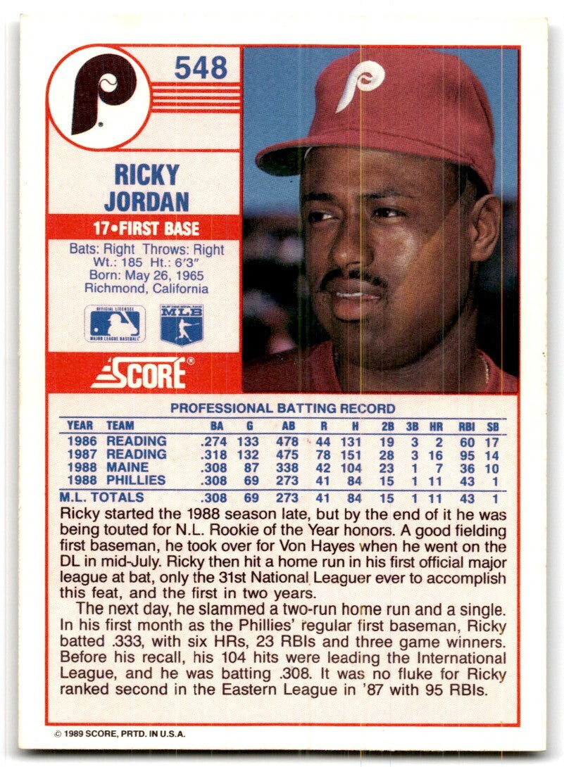 1989 Score Ricky Jordan Rookie 1b Philadelphia Phillies #548