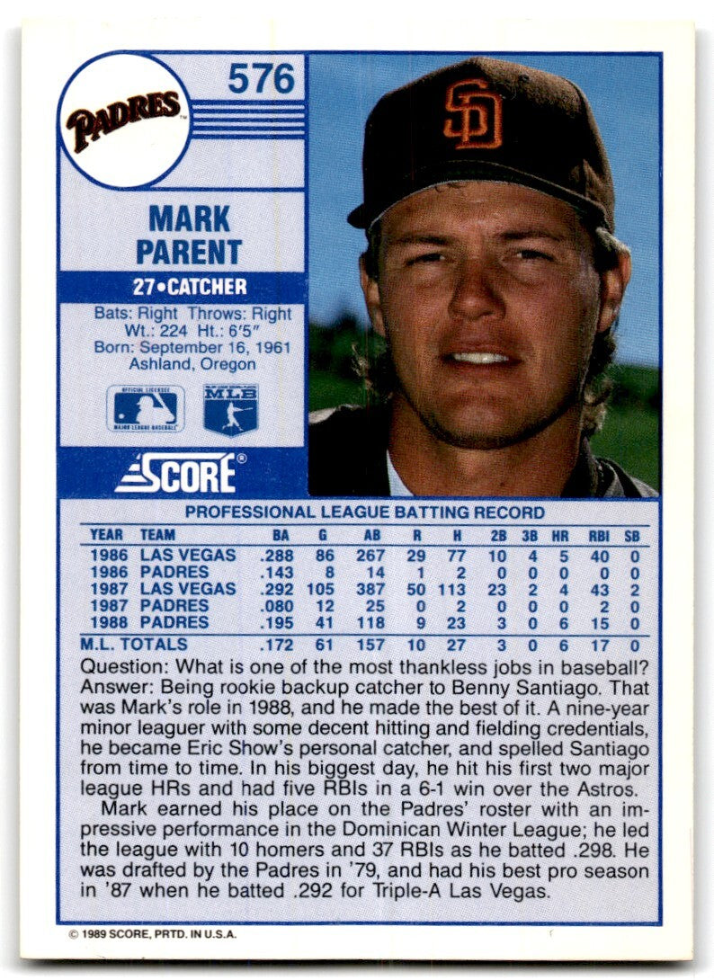 1989 Score Mark Parent Rookie San Diego Padres #576