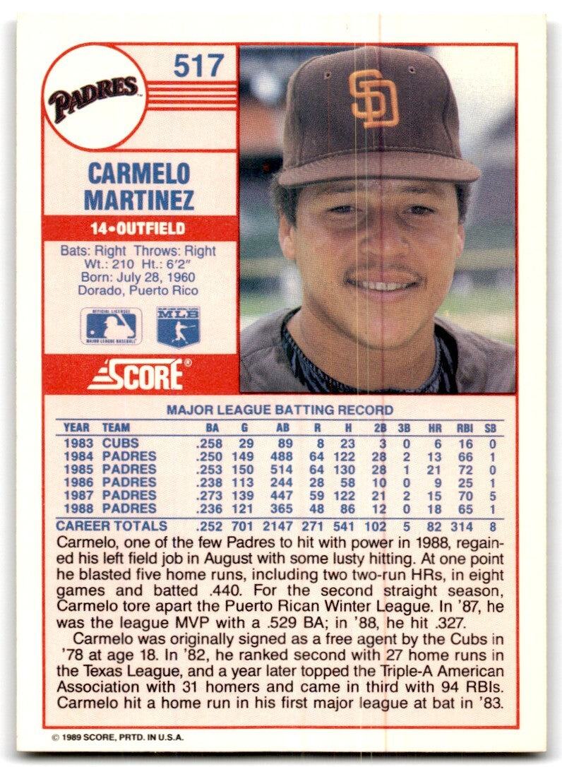 1989 Score Carmelo Martinez San Diego Padres #517