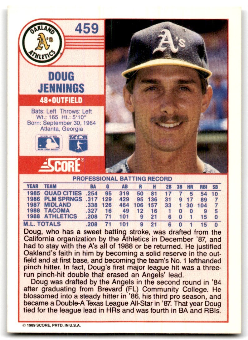 1989 Score Doug Jennings Rookie Oakland Athletics #459