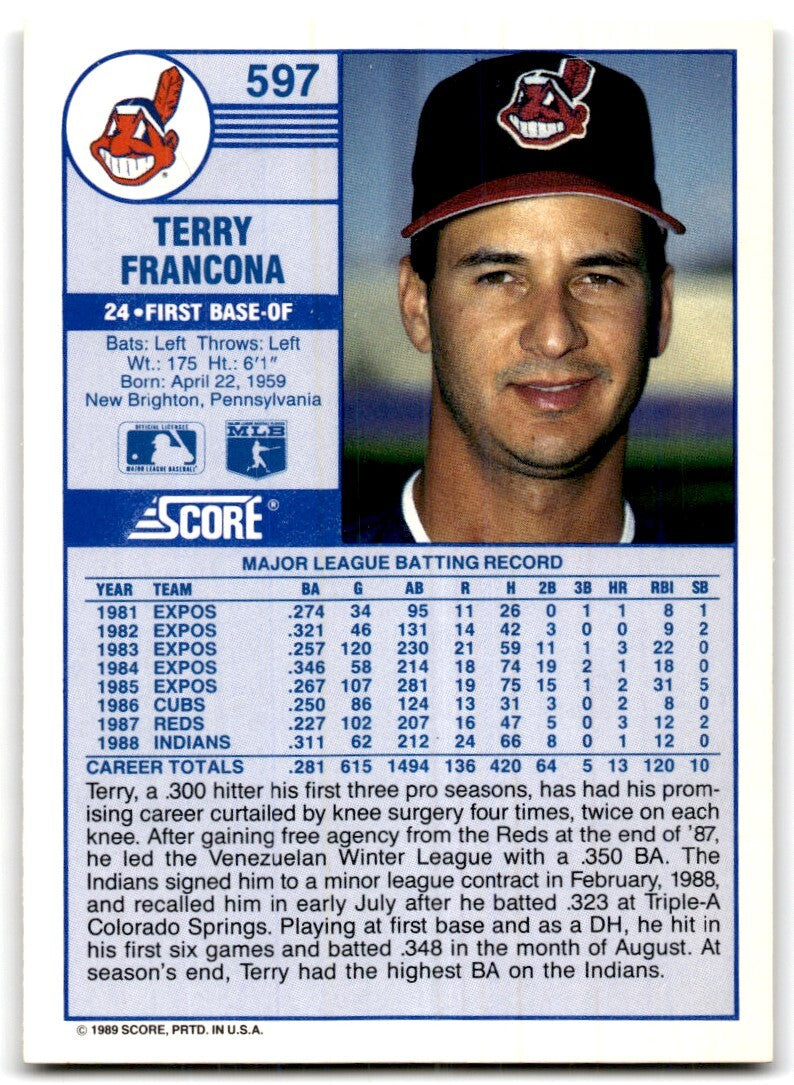1989 Score Terry Francona Cleveland Indians #597
