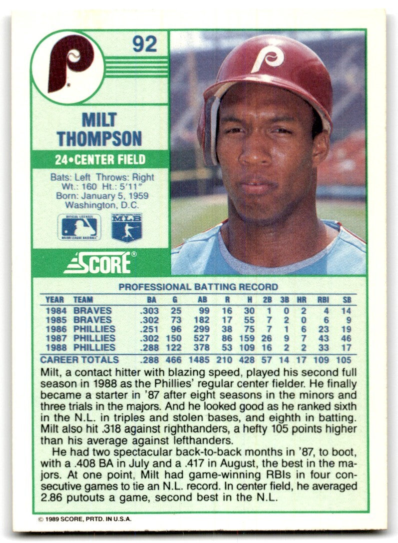 1989 Score Milt Thompson of Philadelphia Phillies #92