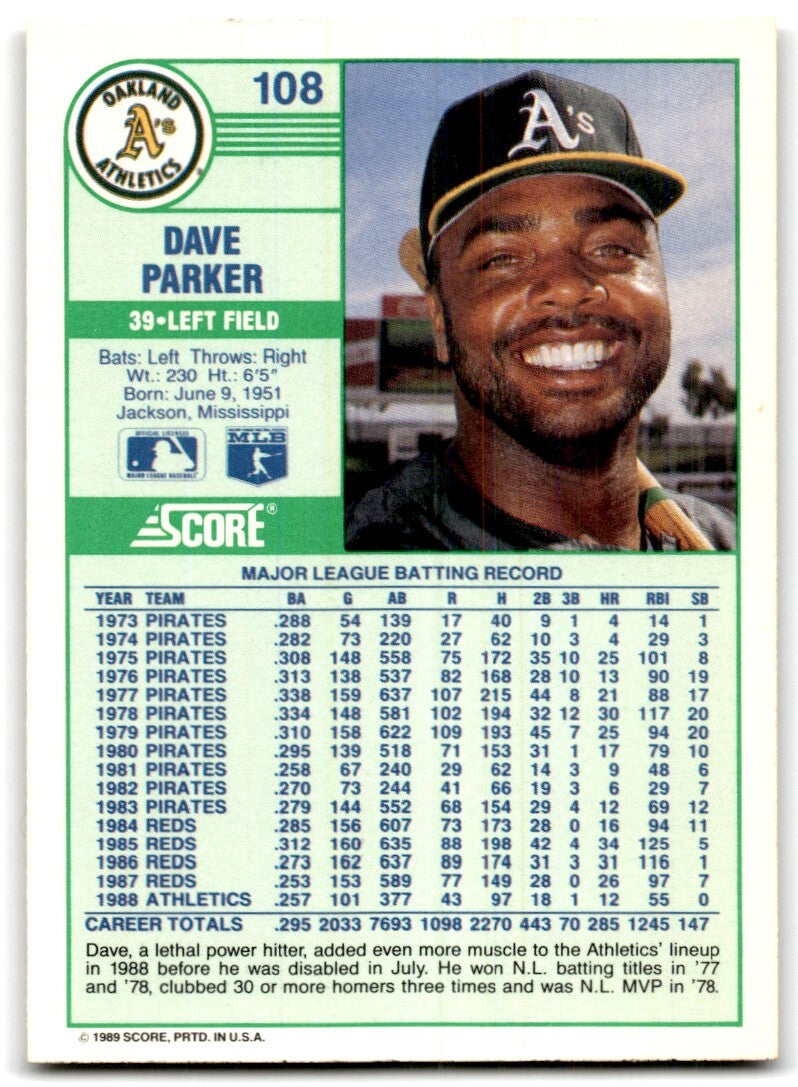 1989 Score Dave Parker Oakland Athletics #108
