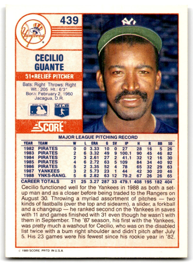 1989 Score Cecilio Guante New York Yankees #439