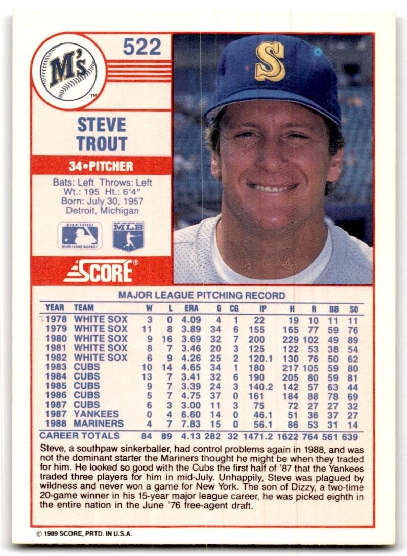 1989 Score Steve Trout Seattle Mariners #522