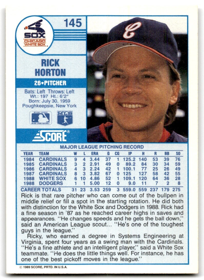 1989 Score Rick Horton p Chicago White Sox #145