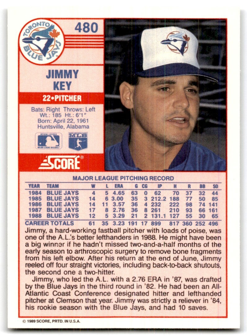 1989 Score Jimmy Key / Toronto Blue Jays #480