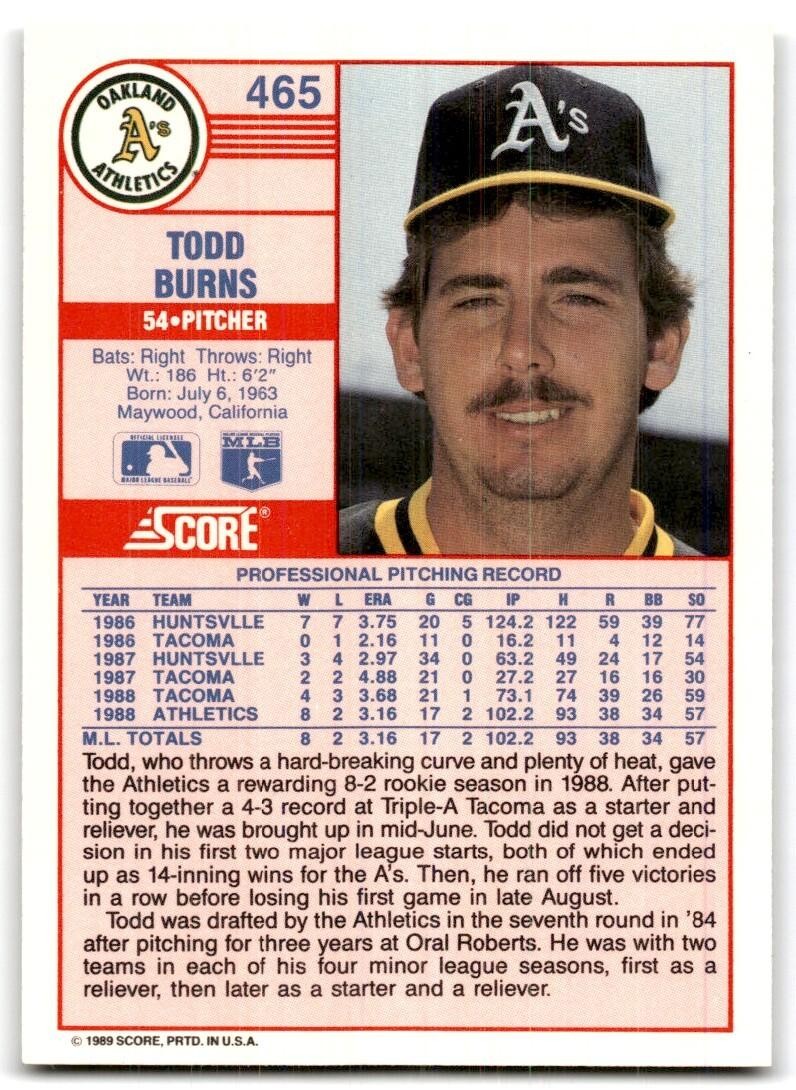 1989 Score Todd Burns Rookie . Oakland Athletics #465