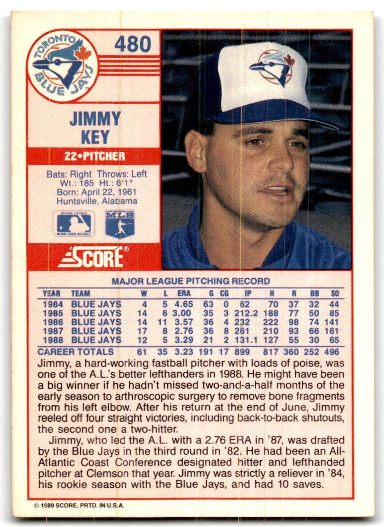 1989 Score Jimmy Key P Toronto Blue Jays #480