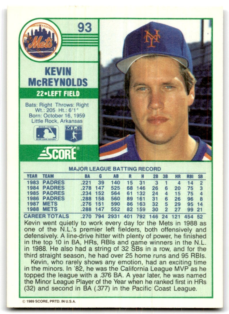 1989 Score Kevin McReynolds of New York Mets #93