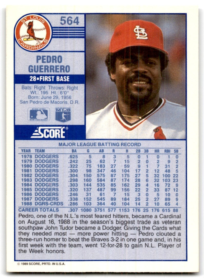 1989 Score Pedro Guerrero 1b St. Louis Cardinals #564
