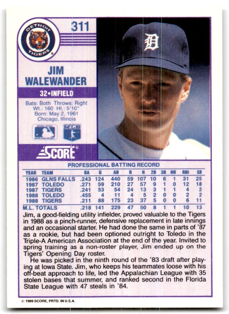 1989 Score Jim Walewander inf Detroit Tigers #311