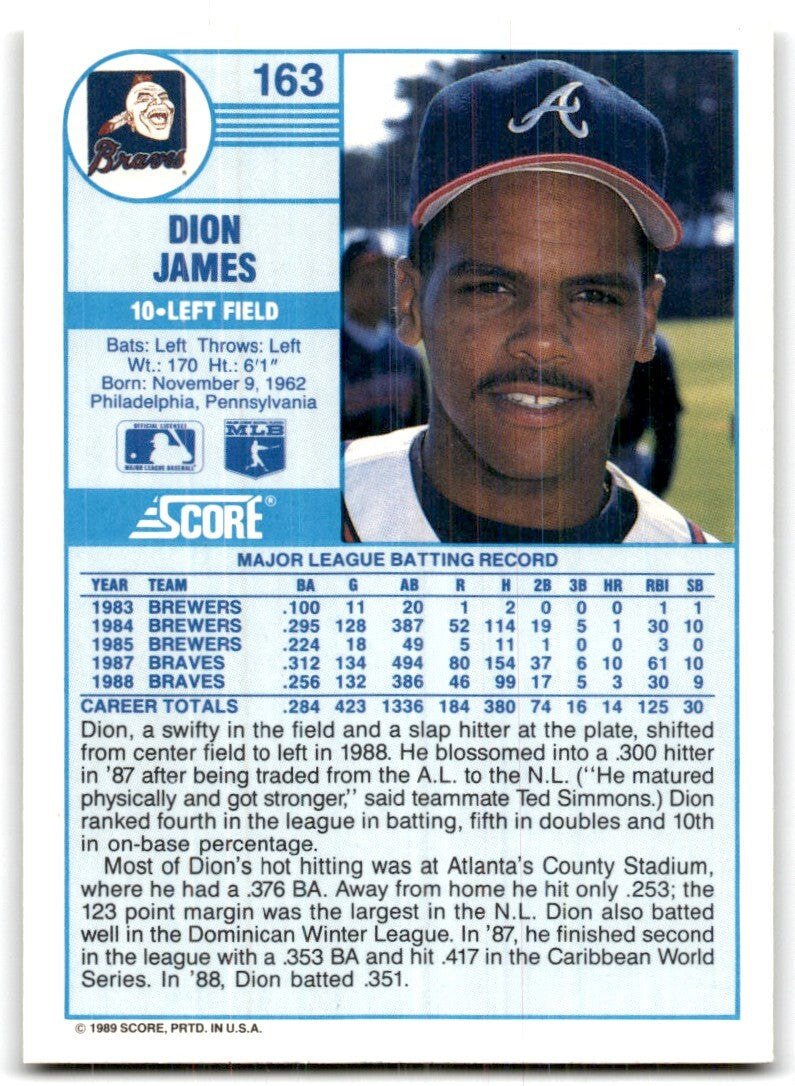 1989 Score Dion James Atlanta Braves #163