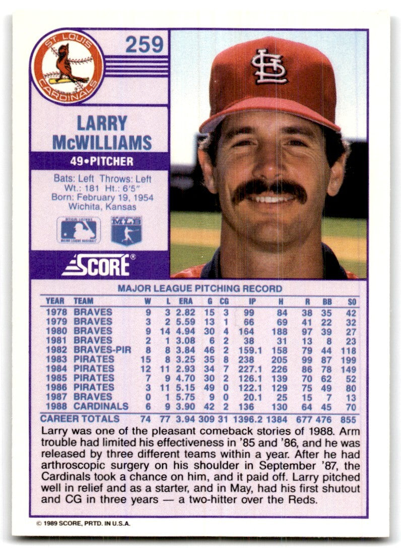 1989 Score Larry McWilliams P St. Louis Cardinals #259