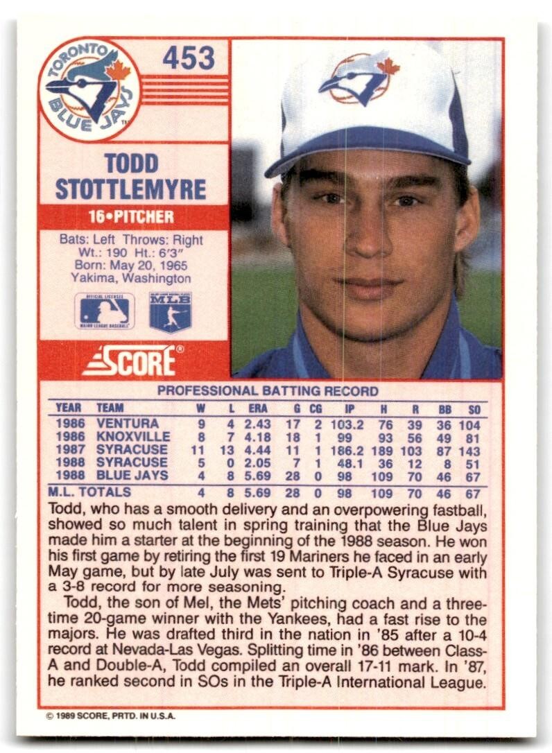 1989 Score Todd Stottlemyre p Toronto Blue Jays #453
