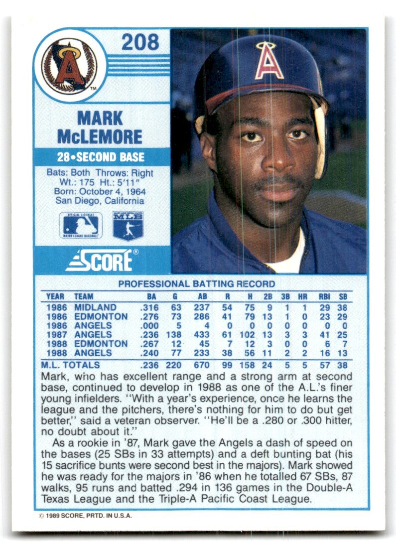 1989 Score Mark McLemore c California Angels #208