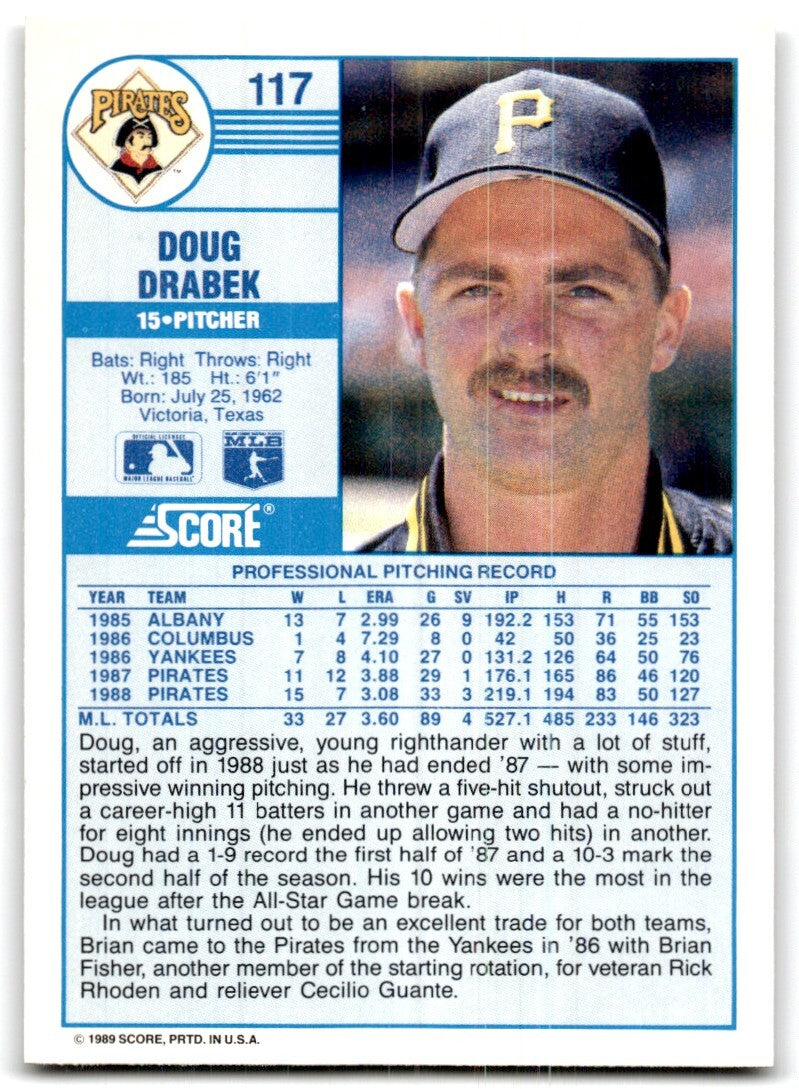 1989 Score Doug Drabek Pittsburgh Pirates #117