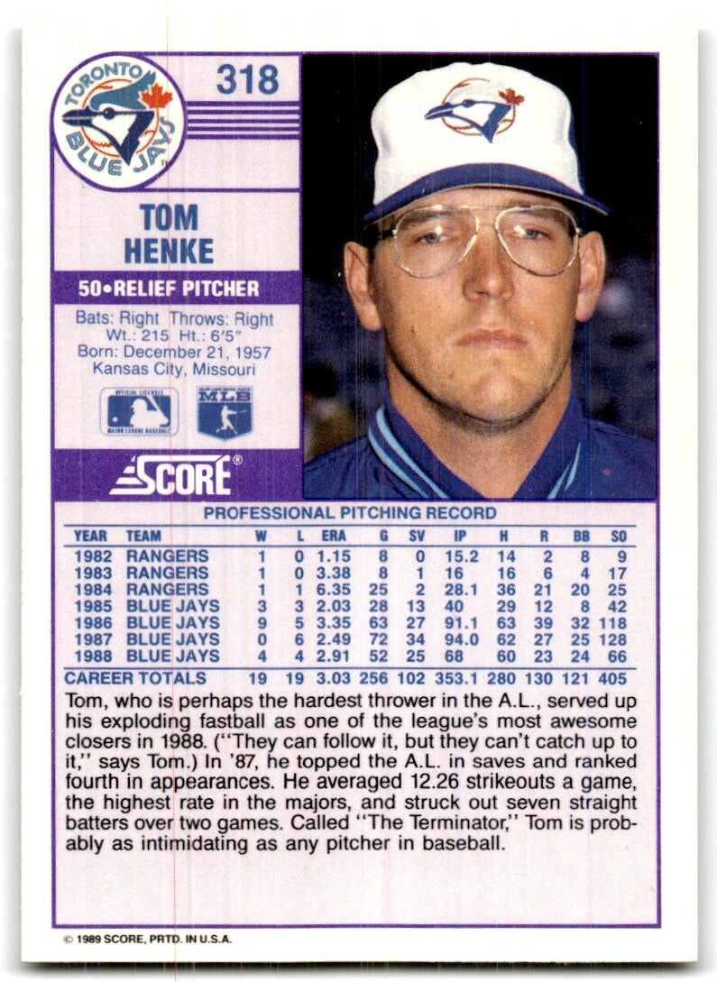 1989 Score Tom Henke Toronto Blue Jays #318