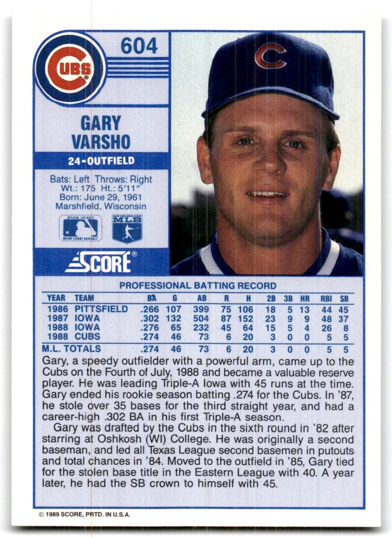 1989 Score Gary Varsho Rookie of Chicago Cubs #604
