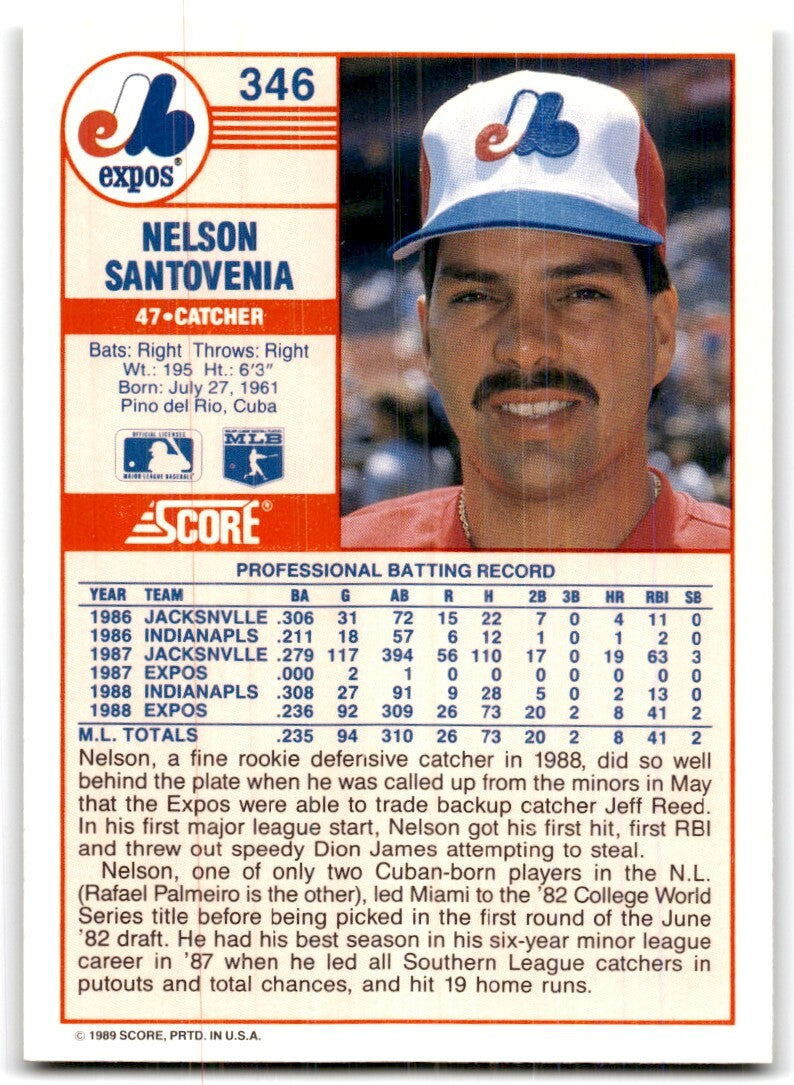 1989 Score Nelson Santovenia Rookie Montreal Expos #346