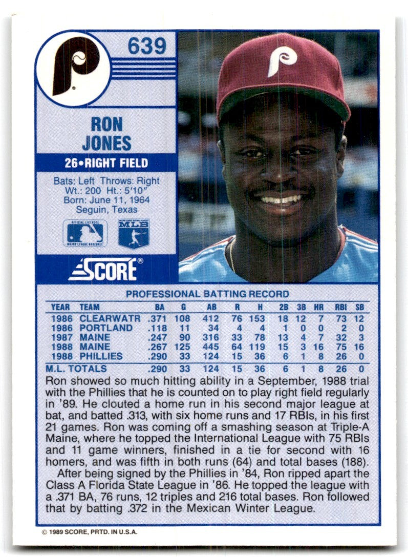1989 Score Ron Jones Rookie of Philadelphia Phillies #639