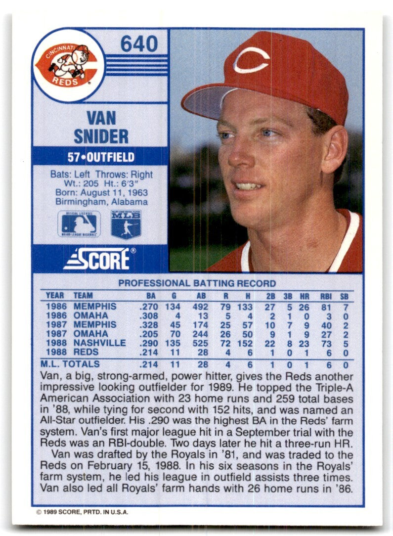 1989 Score Van Snider Rookie of Cincinnati Reds #640