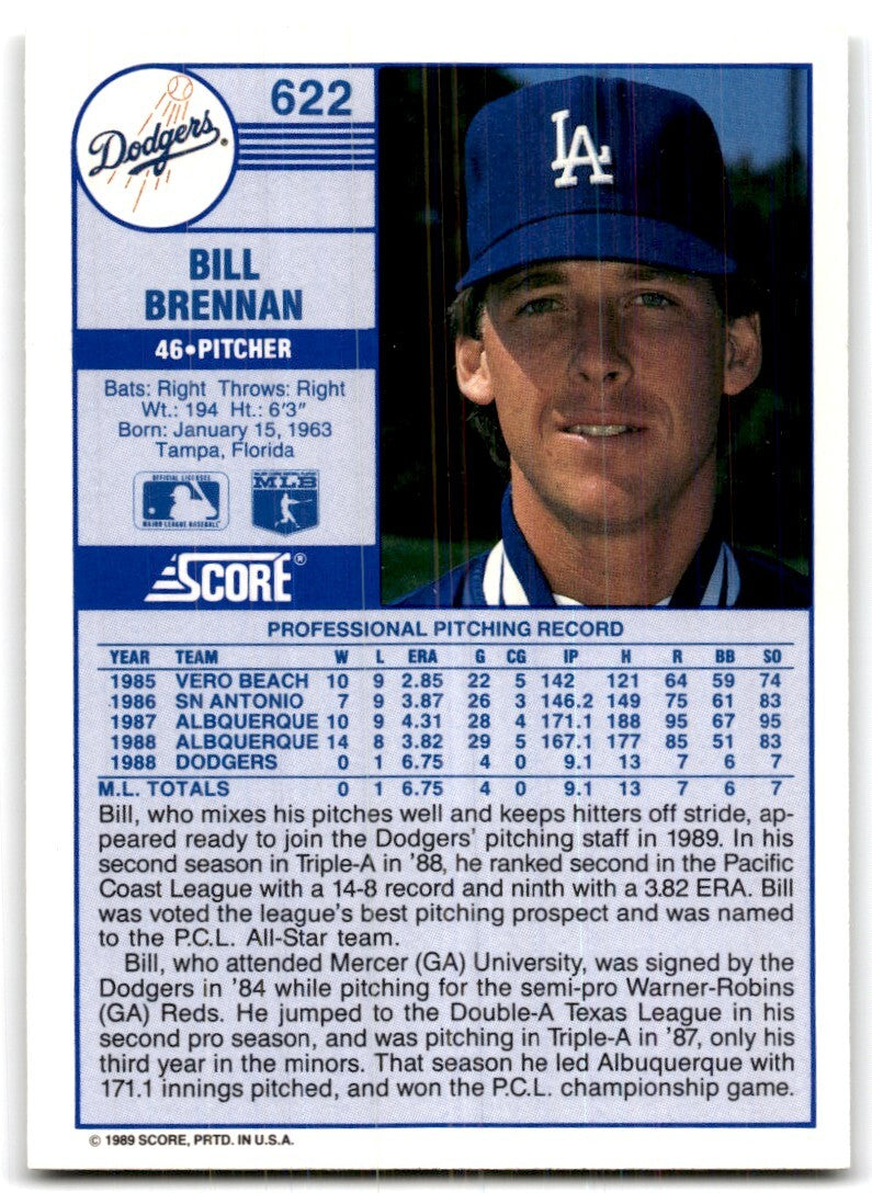 1989 Score Bill Brennan Rookie / Los Angeles Dodgers #622