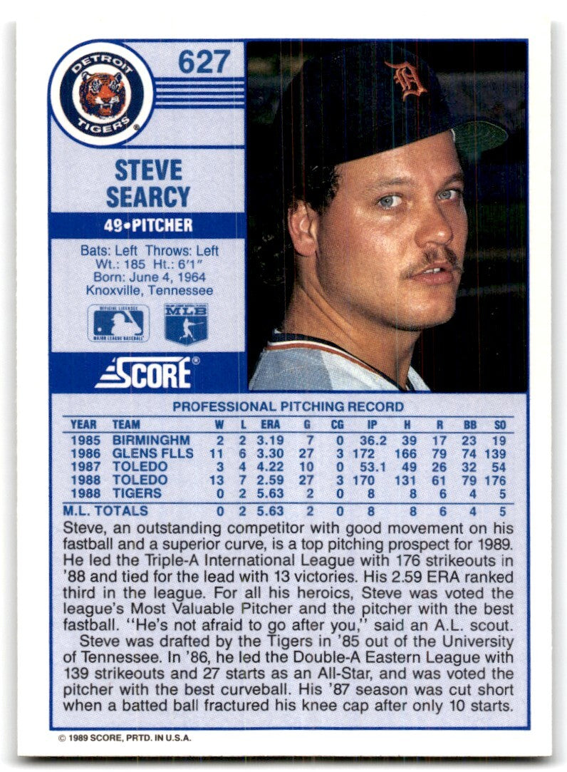 1989 Score Steve Searcy Rookie / Detroit Tigers #627