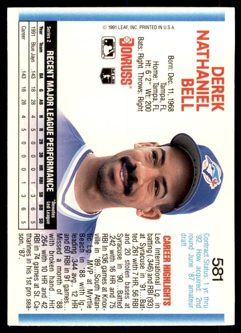 1992 Donruss Derek Bell Toronto Blue Jays #581