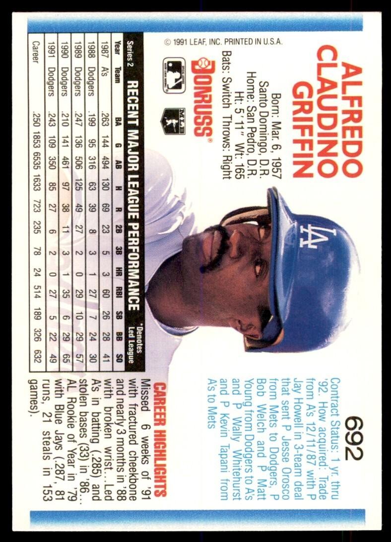 1992 Donruss Alfredo Griffin Los Angeles Dodgers #692