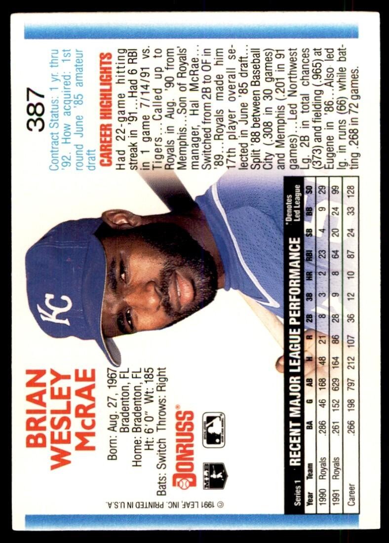 1992 Donruss Brian McRae Kansas City Royals #387