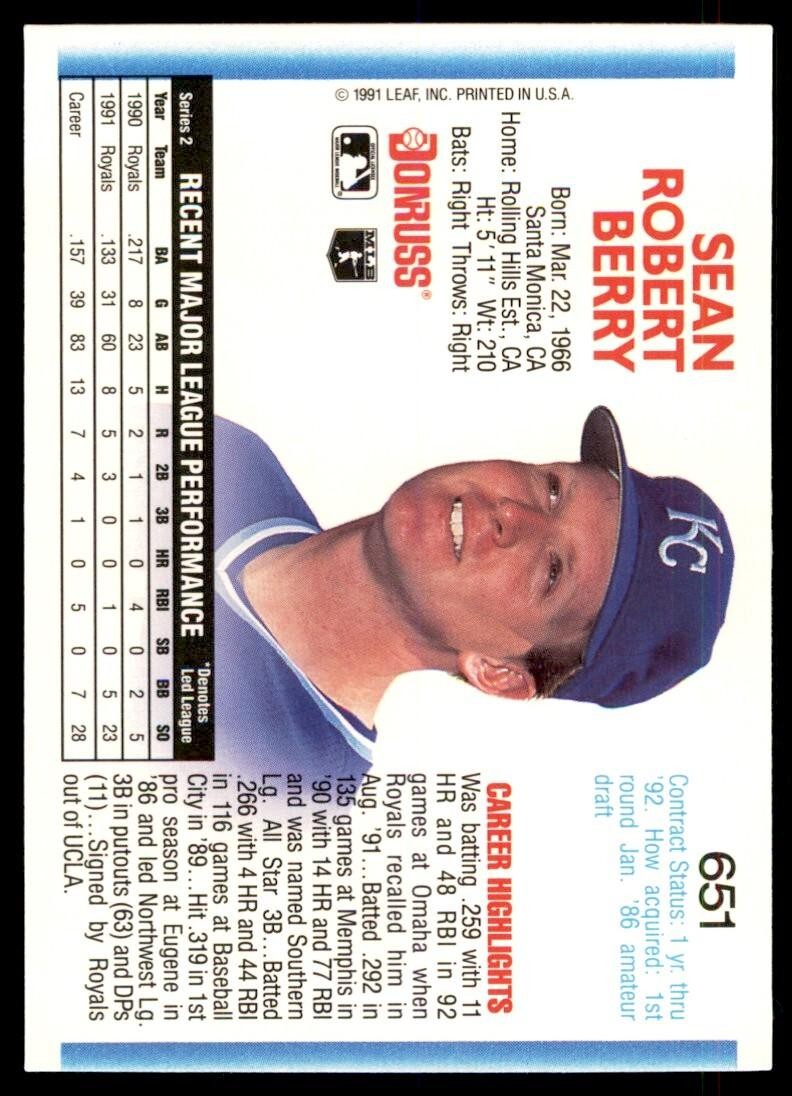 1992 Donruss Sean Berry Kansas City Royals #651