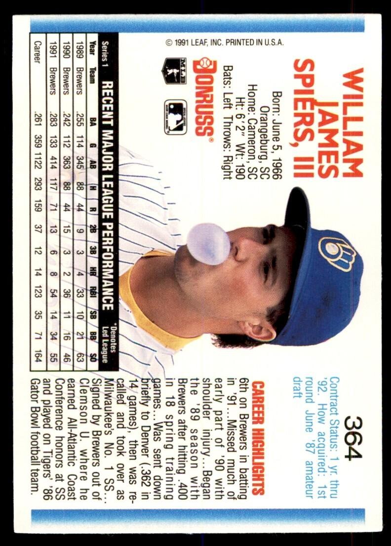 1992 Donruss Bill Spiers Milwaukee Brewers #364