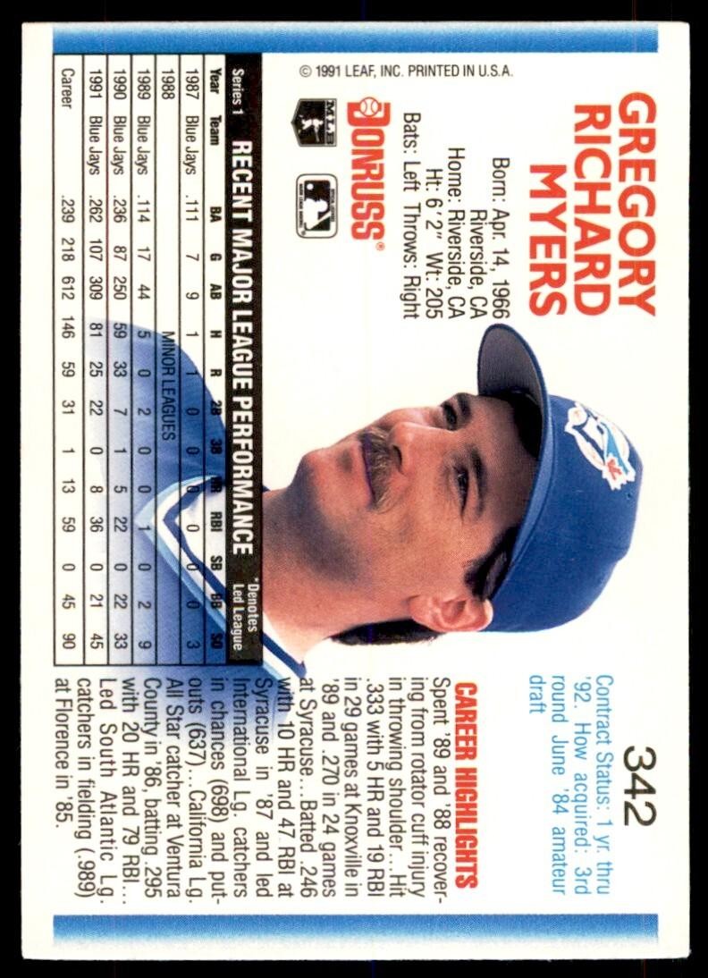 1992 Donruss Greg Myers Toronto Blue Jays #342