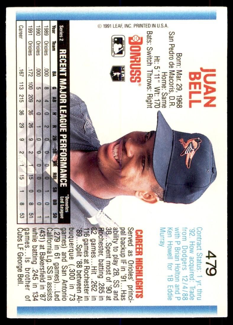 1992 Donruss Juan Bell Baltimore Orioles #479