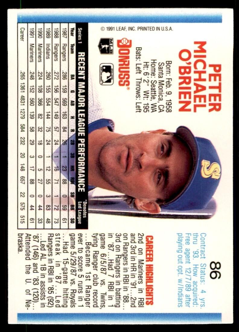 1992 Donruss Pete O'Brien Seattle Mariners #86