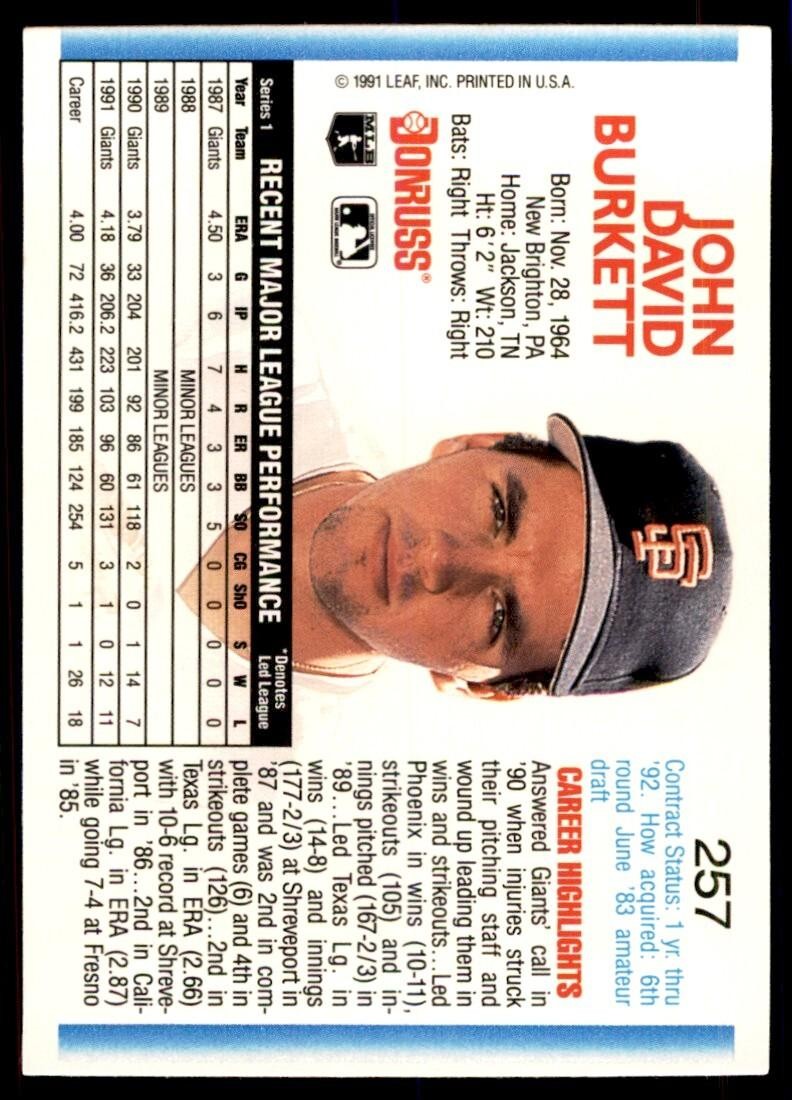 1992 Donruss John Burkett San Francisco Giants #257